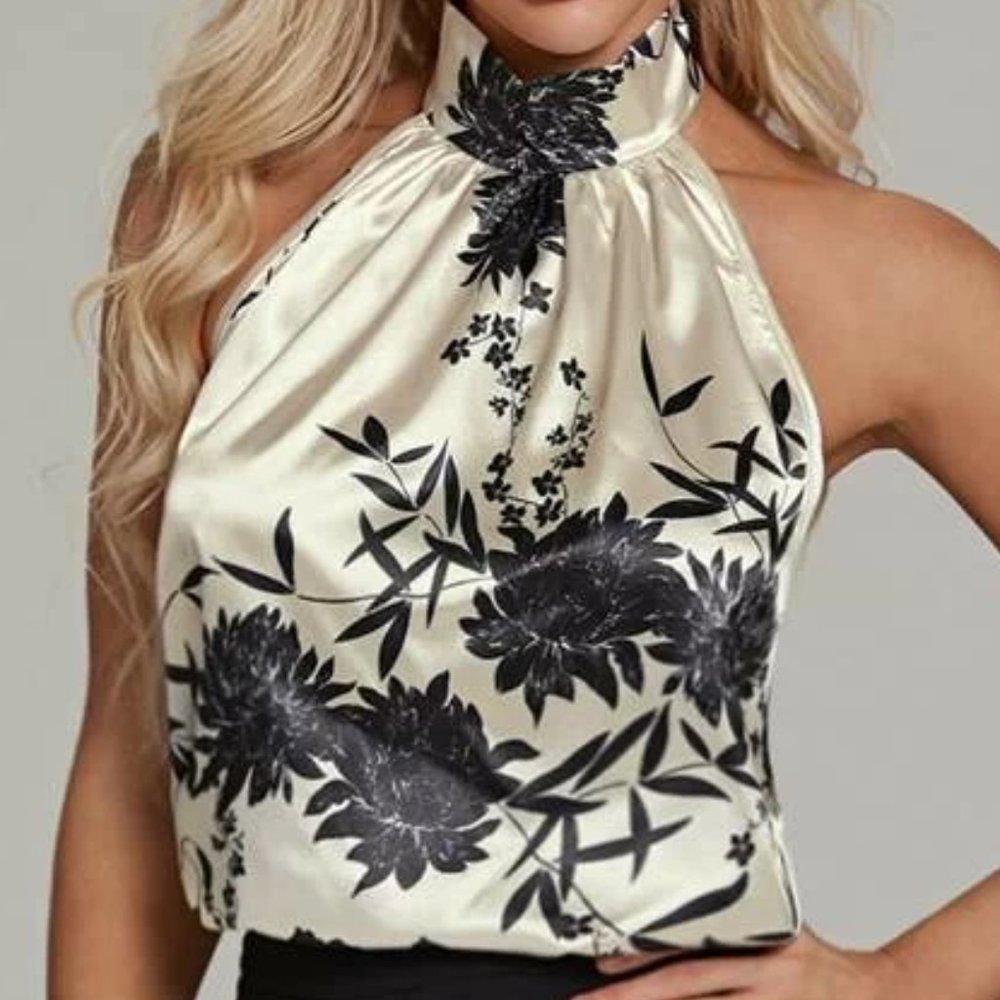 Cream Halter top with Black Floral Print in S-XL - Picture 1 of 4